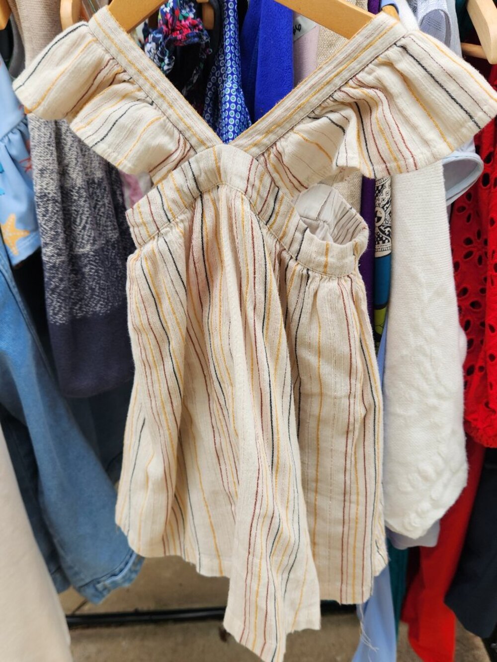 Gap Tan metallic stripe flutter sleeve dress